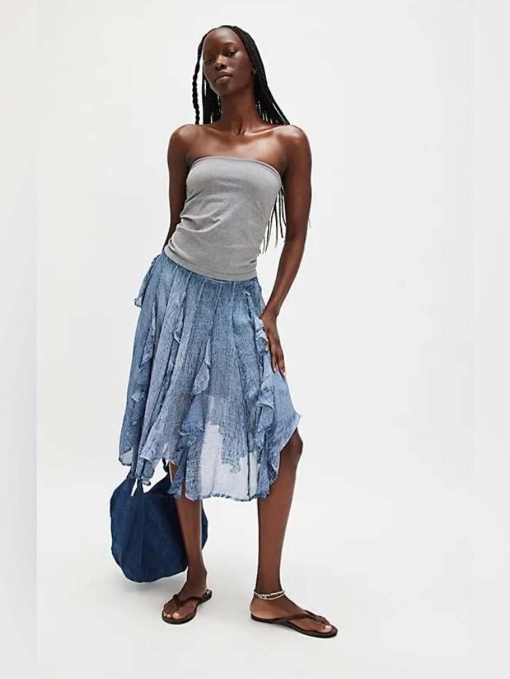 NWT FREE PEOPLE Susanna Knee-Length Midi Skirt - Denim Blue $128 MSRP